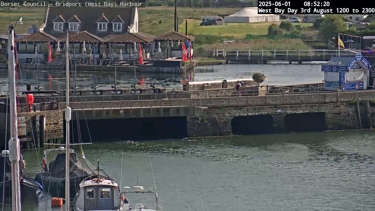 A harbor scene on a sunny day shows a bridge over a waterway, boats moored near a building with outdoor seating, and a person walking along a walkway.