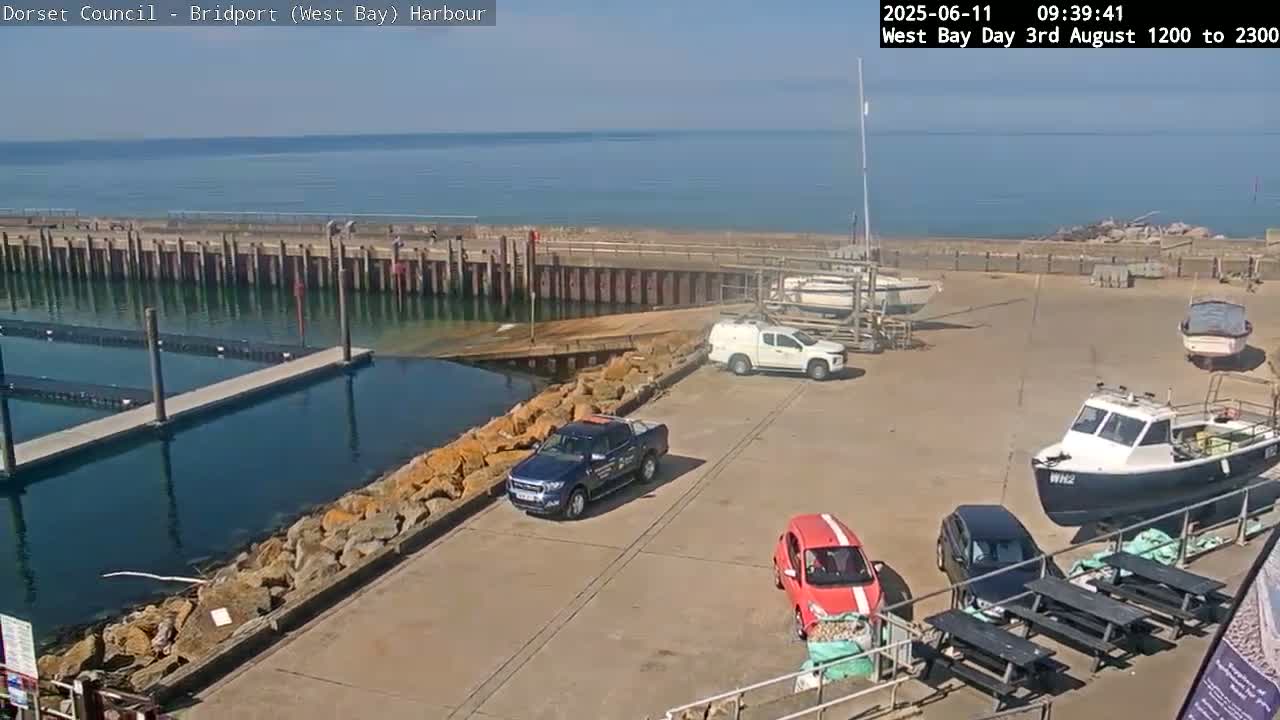 A harbor scene on a sunny day shows several cars parked near a dock with boats, and a calm body of water extending to the horizon.