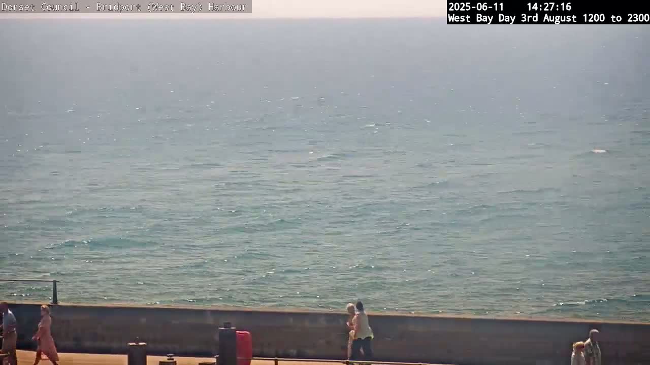 A mostly sunny day shows a calm sea with small waves, viewed from a seaside promenade where several people are walking.