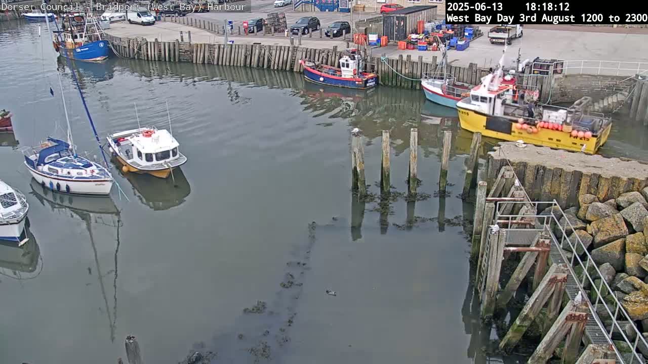 Several boats are moored in a harbor on a calm day.