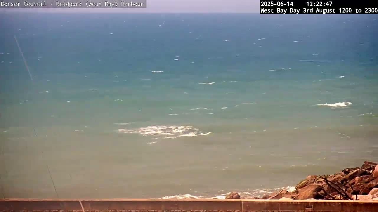 A partly sunny day shows a calm sea with small waves breaking near a rocky shoreline.