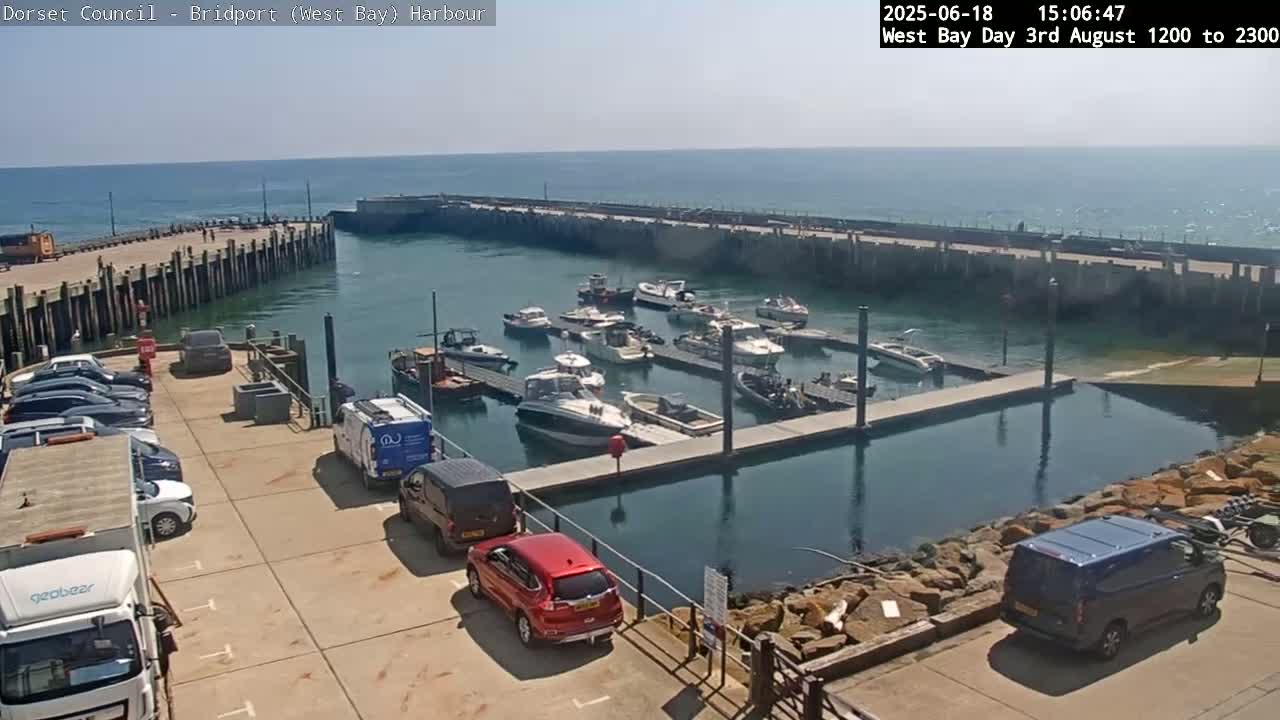 A harbor filled with numerous boats on a sunny day, with cars parked in a lot overlooking the water.