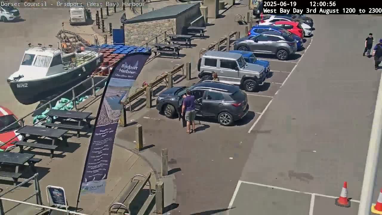 A sunny harbor scene shows a boat docked near picnic tables, several cars parked in a lot, and two people standing near a dark-colored SUV.