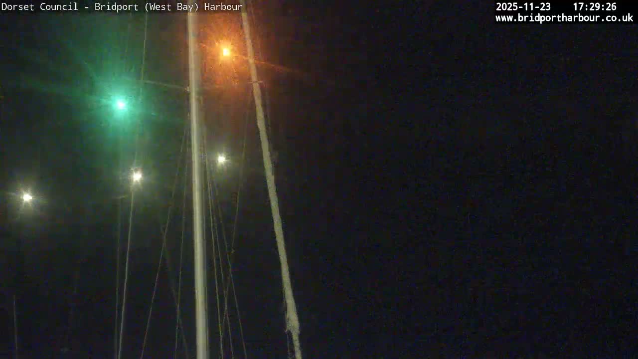 A dark night scene in a harbor reveals a prominent white mast with rigging on the right, illuminated by various bright lights including a green beacon and an amber light high above, along with several smaller white lights, under clear weather conditions.