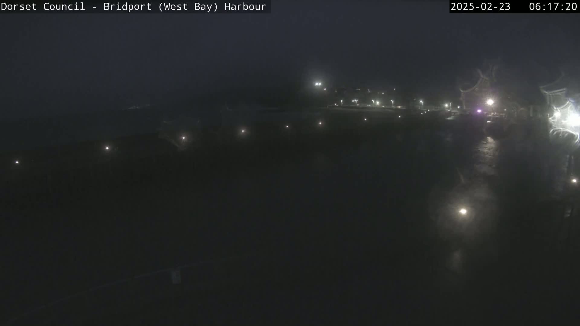 A dark, nighttime harbor scene shows a wet roadway with dimly lit areas and a few distant lights under an overcast sky.