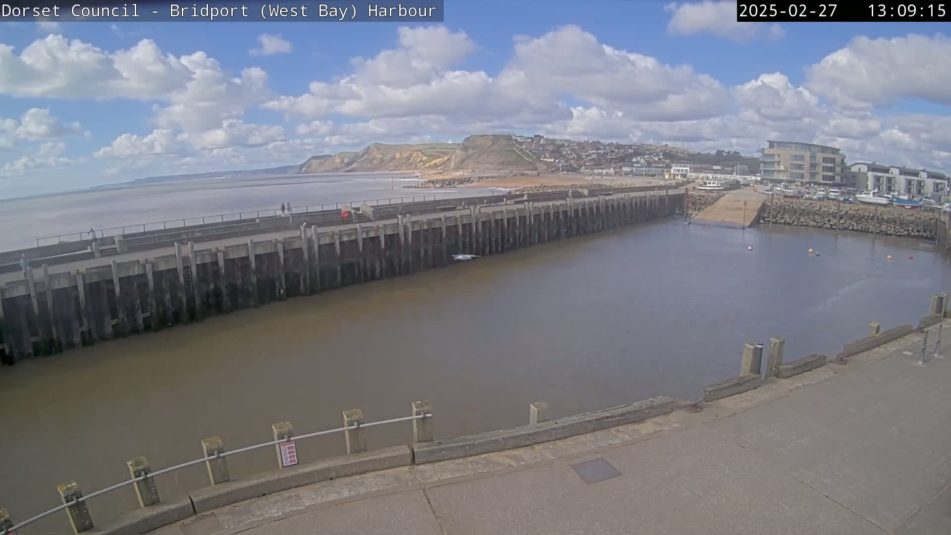 A harbor with a calm, muddy-brown waterway, partially enclosed by a long concrete wall, under a partly cloudy sky.
