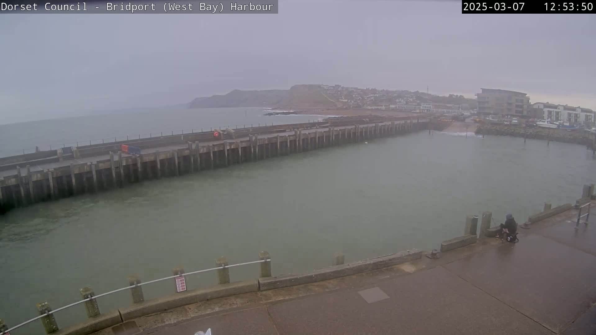 A harbor with a long pier extends into overcast, gray waters, under a cloudy sky.