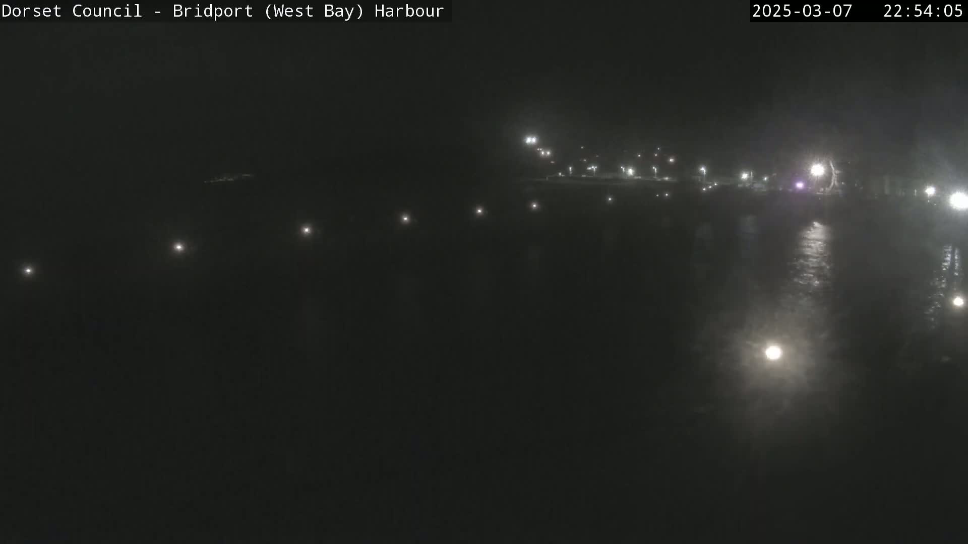 A dark nighttime harbor scene with a few lights visible along a shoreline and on the water, under hazy or foggy conditions.