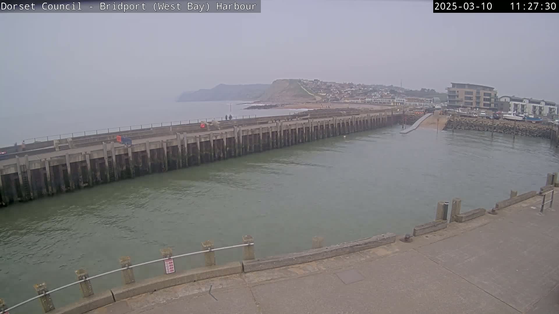 A harbor with a long pier extending into calm, murky water under an overcast sky, with a town and coastline visible in the background.