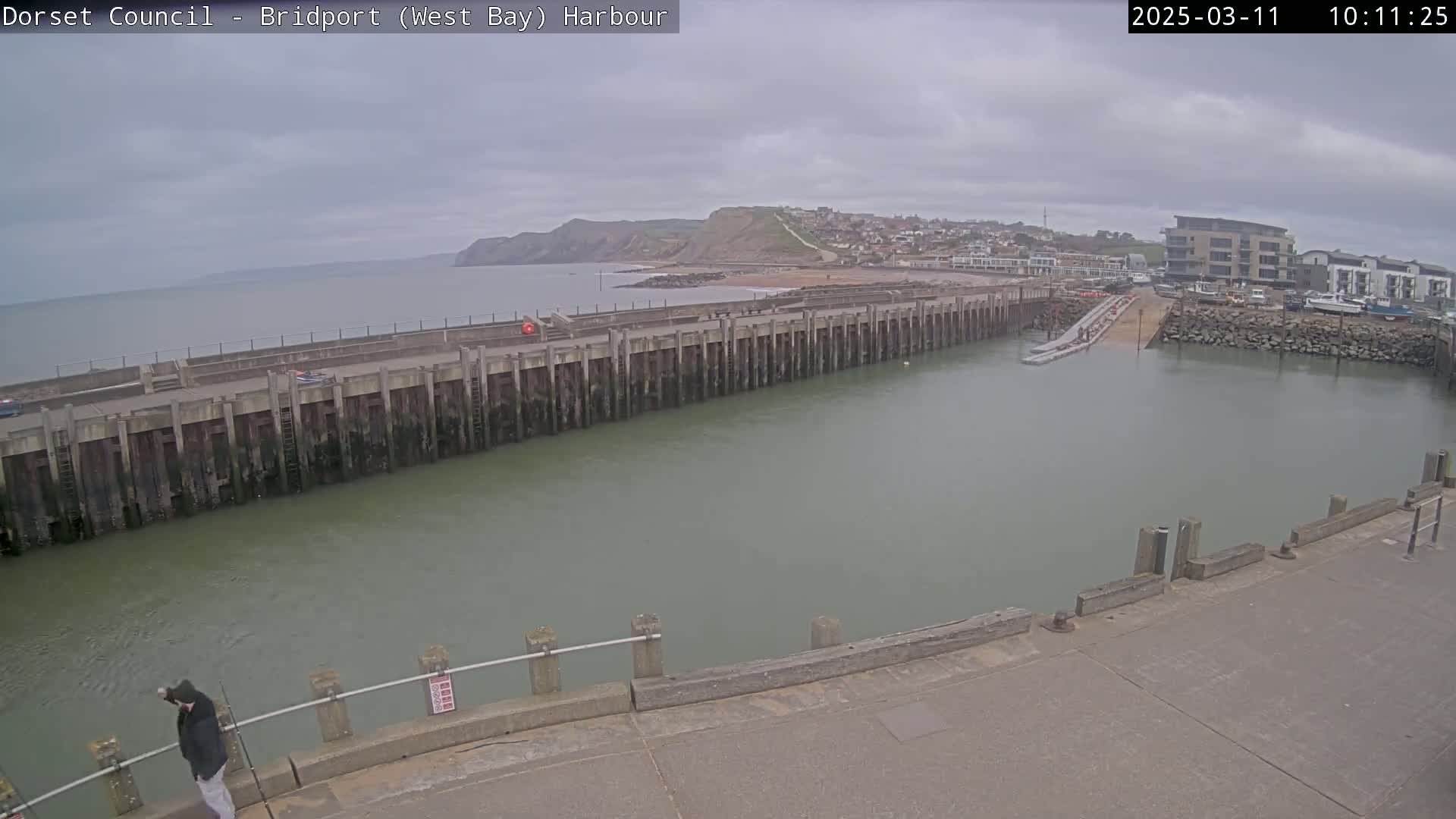 A harbor with a long concrete pier extending into calm, greenish water under an overcast sky, backed by a small town and cliffs.