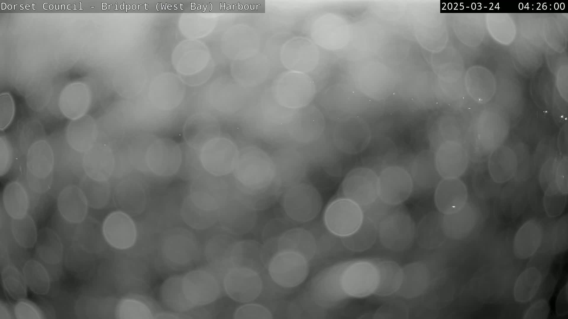 A blurry, out-of-focus grayscale image shows rain-covered glass reflecting many indistinct lights.