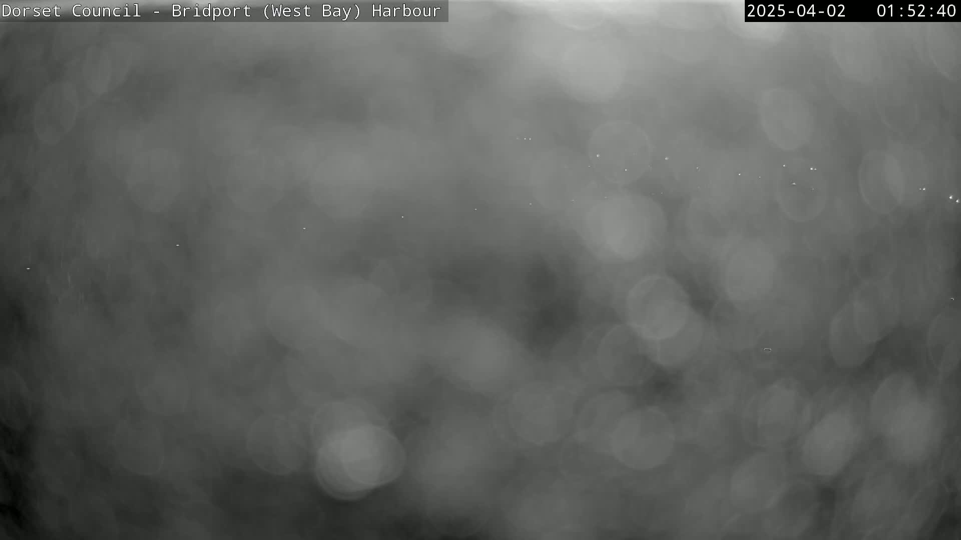 A blurry, dark gray image shows a harbor at night in rainy or foggy conditions.
