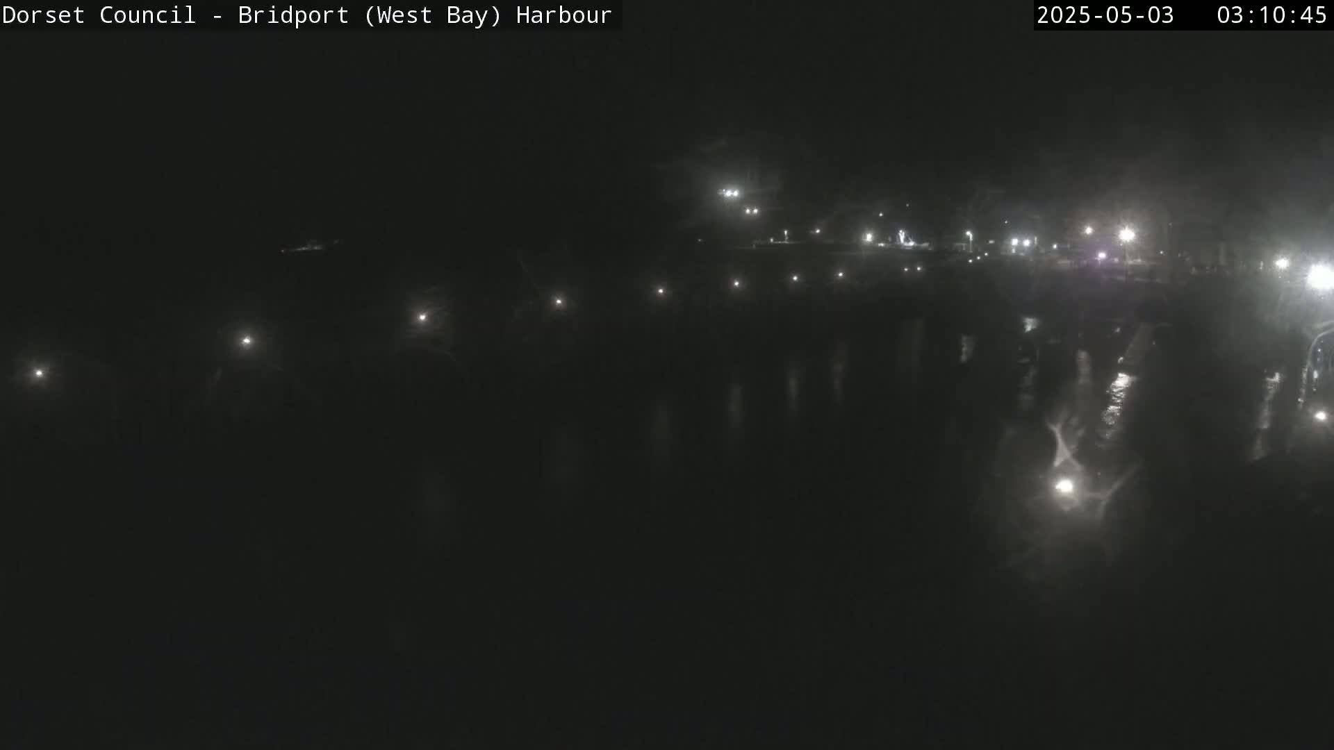 A dark, nighttime harbor scene with faint lights along a waterfront and reflections on the water.