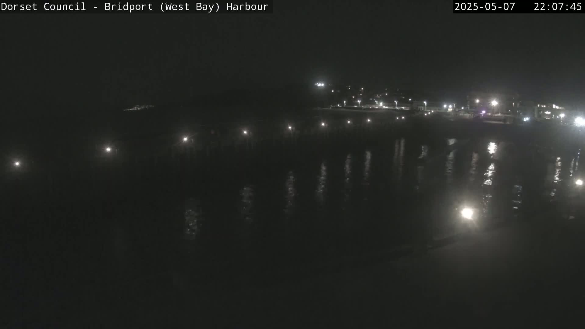 At night, a dark body of water reflects the lights from a distant shoreline.