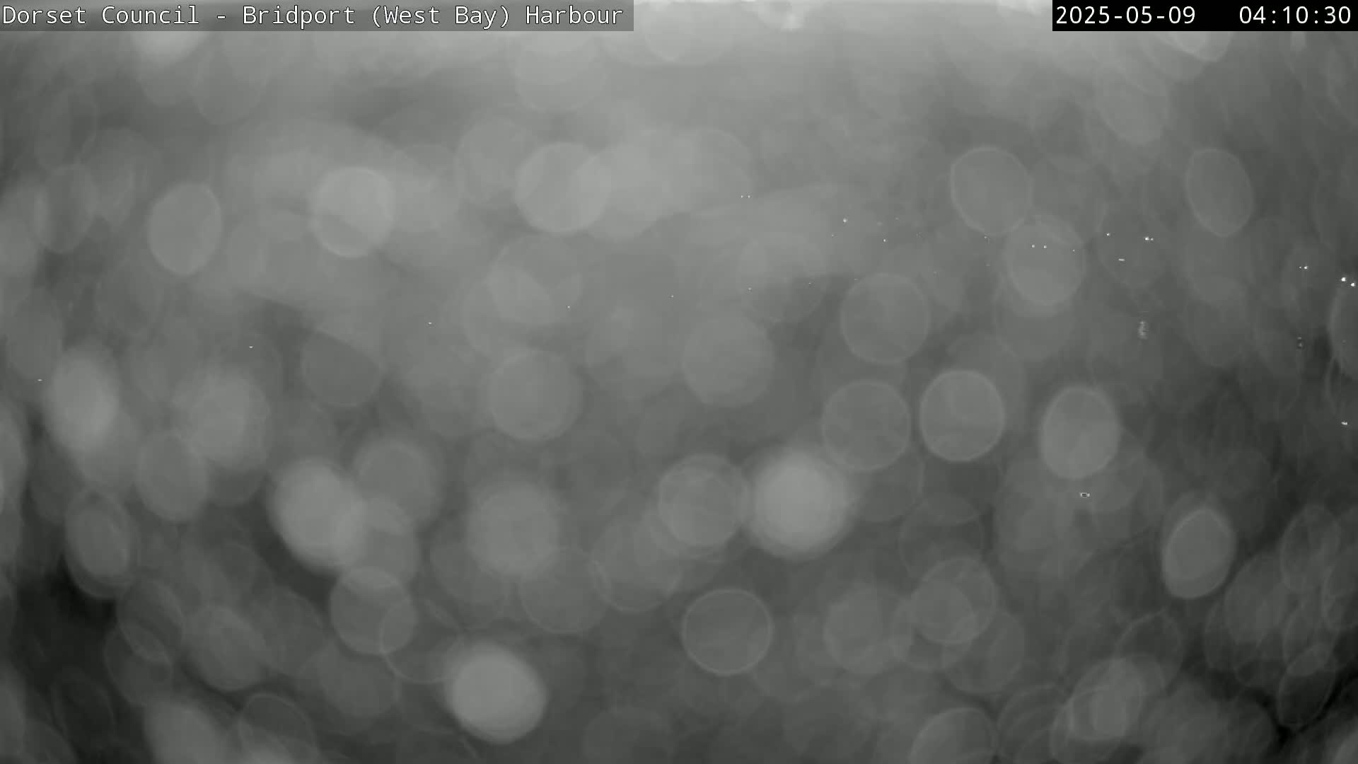 A blurry, grayscale image shows many out-of-focus circular shapes, likely raindrops on a windowpane.