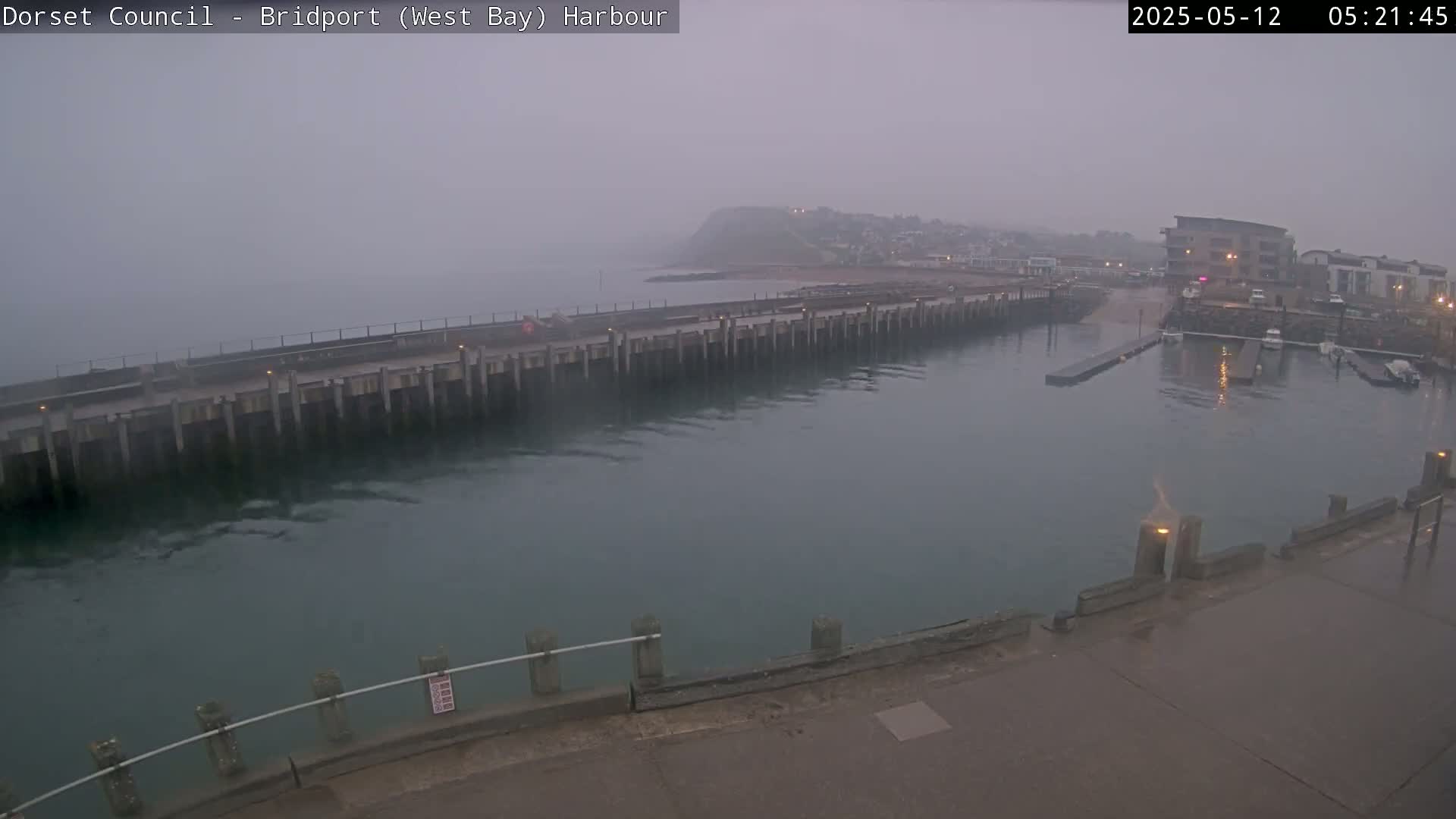 A foggy harbor scene shows a long concrete pier extending into calm water, with buildings and a small hill visible in the background.