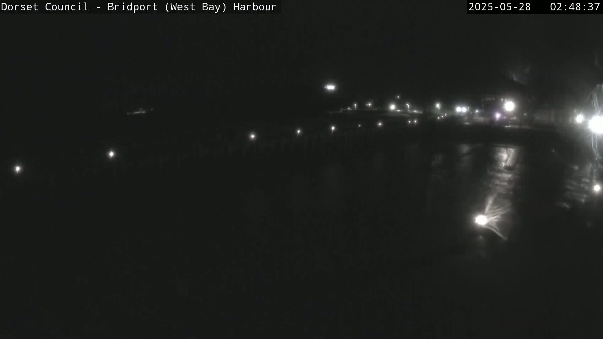 A nighttime harbor scene showing faint lights along a dark shoreline reflecting on a calm body of water.