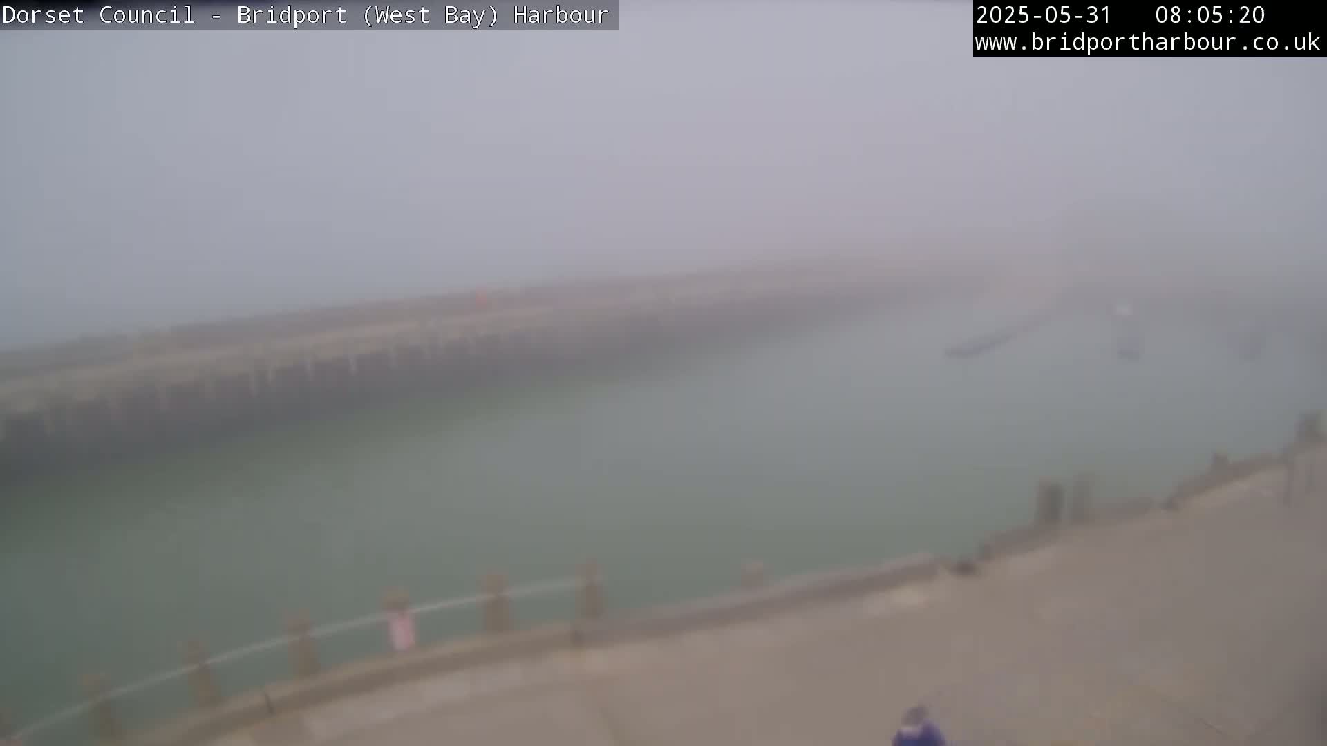 A harbor is shrouded in thick fog, with a few indistinct vessels visible on the water.