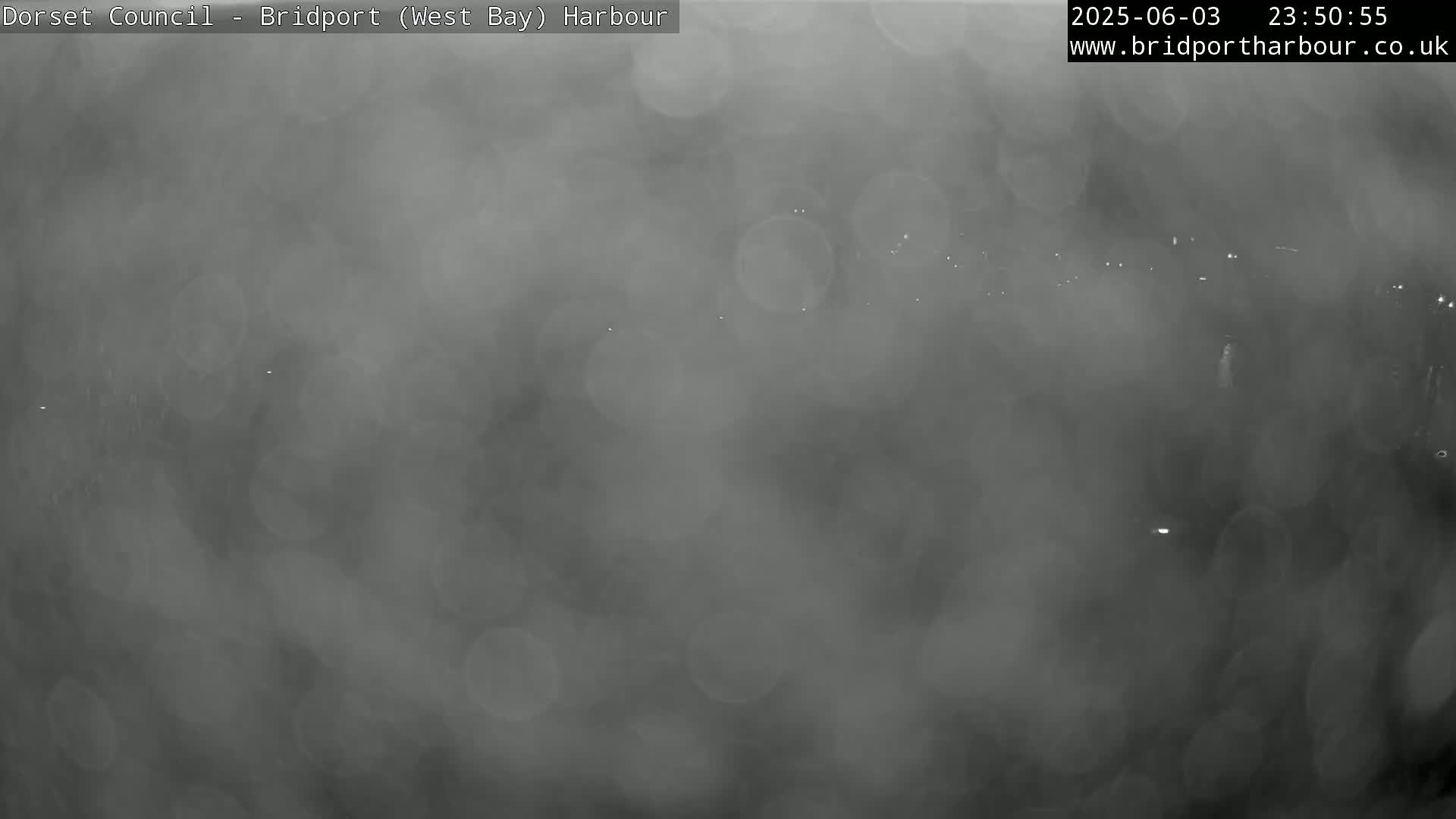 A blurry, nighttime image of a harbor shrouded in heavy fog or mist.