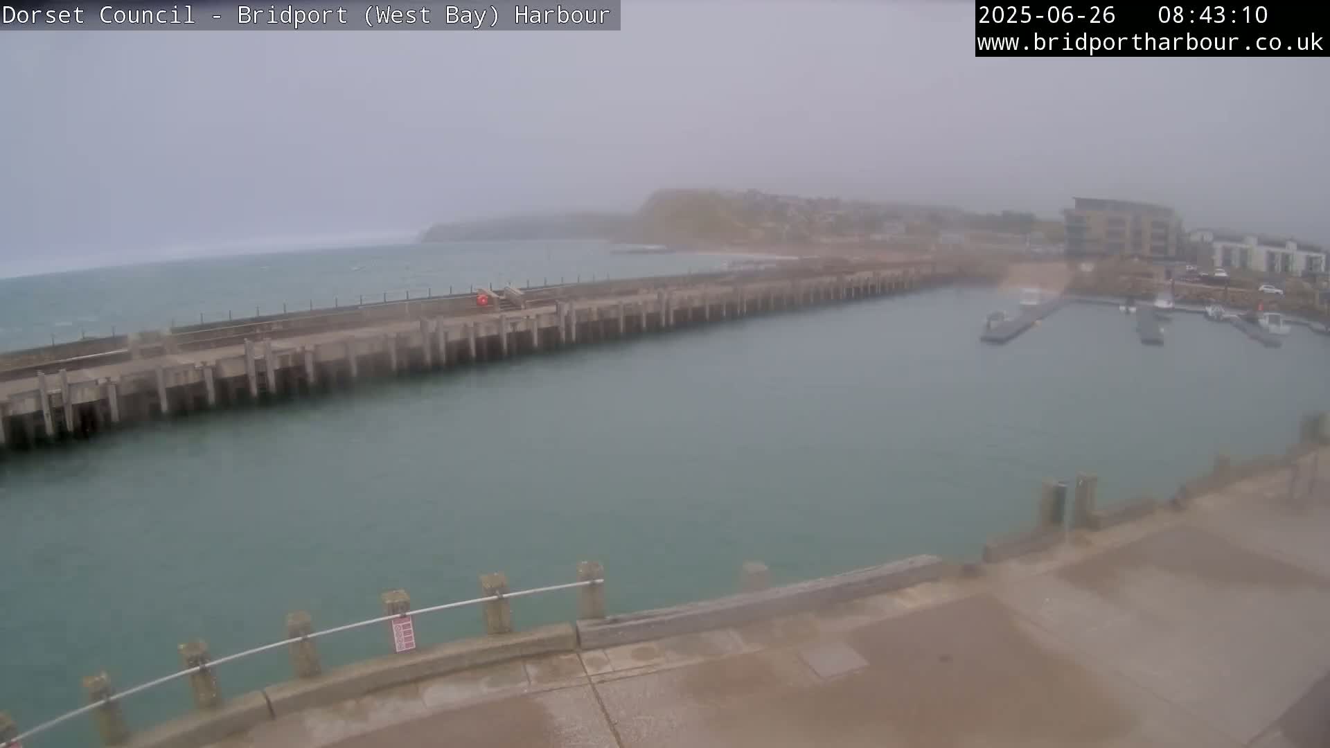 A hazy harbor scene shows a long pier extending into calm, greenish water, with a town and a coastline visible in the background under an overcast sky.