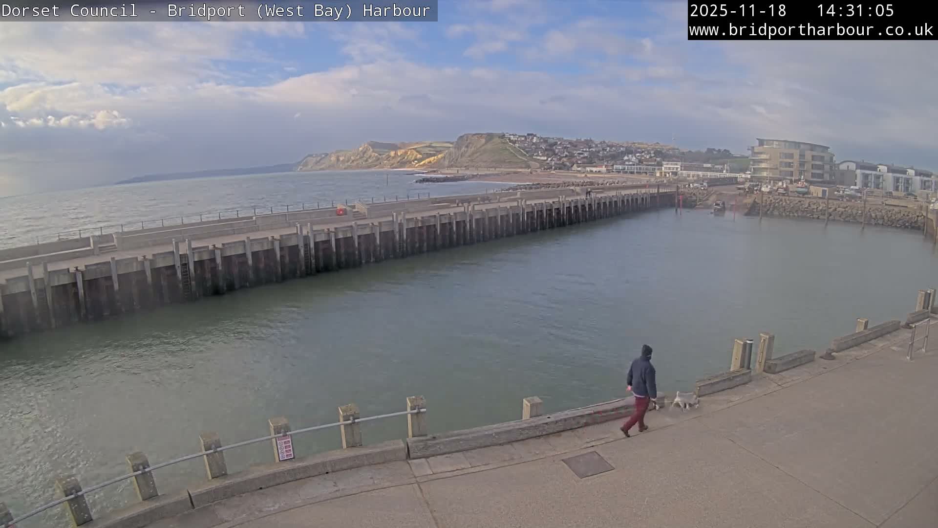A sunny day illuminates a tranquil harbor with a long concrete pier, a distant town nestled on hills, and various buildings bordering the inner basin, all under a clear blue sky.