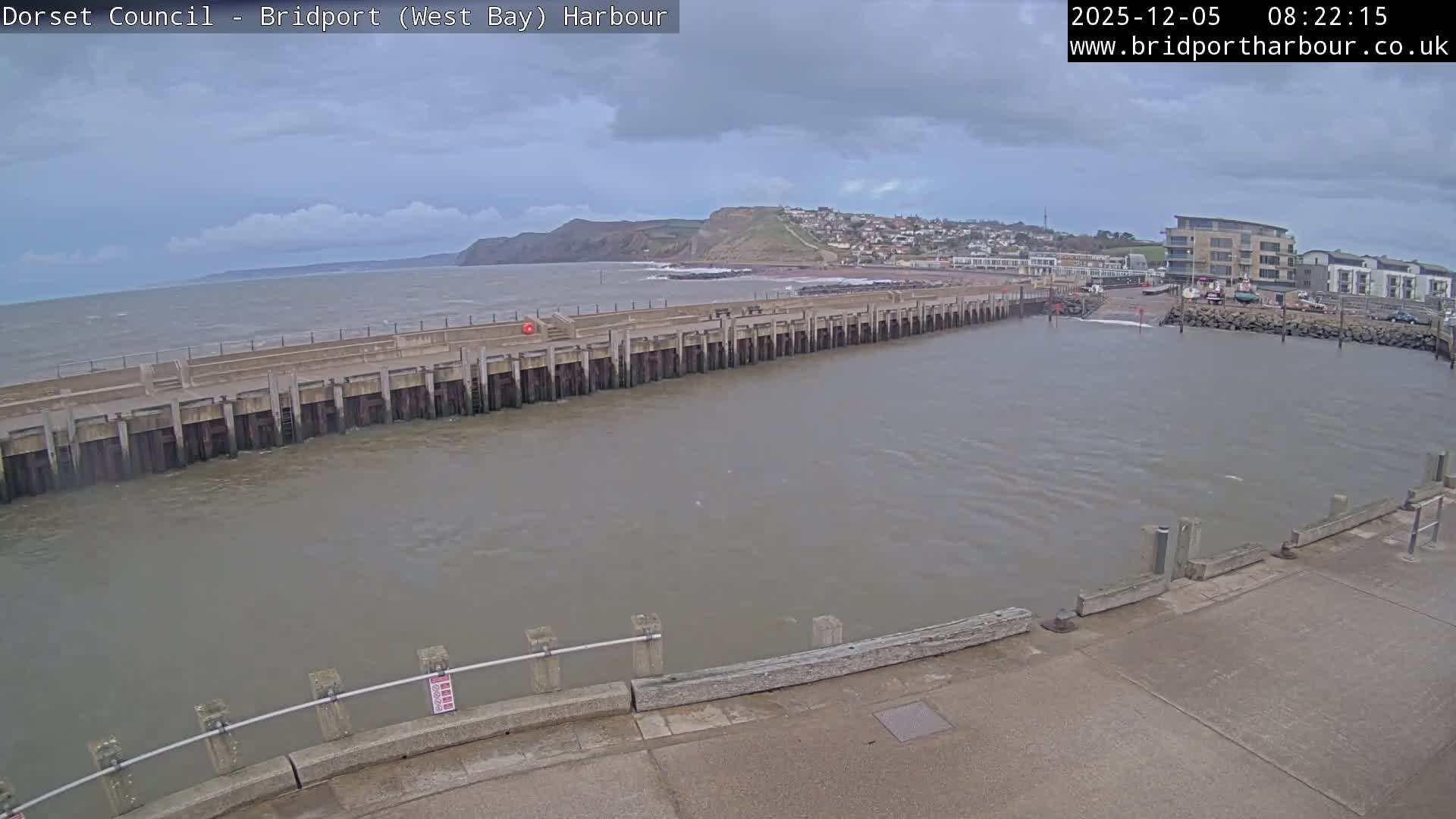 An overcast view of a coastal harbour features a long pier extending into choppy grey water, with a distant town built into hills and cliffs, and modern buildings lining the right side of the frame.