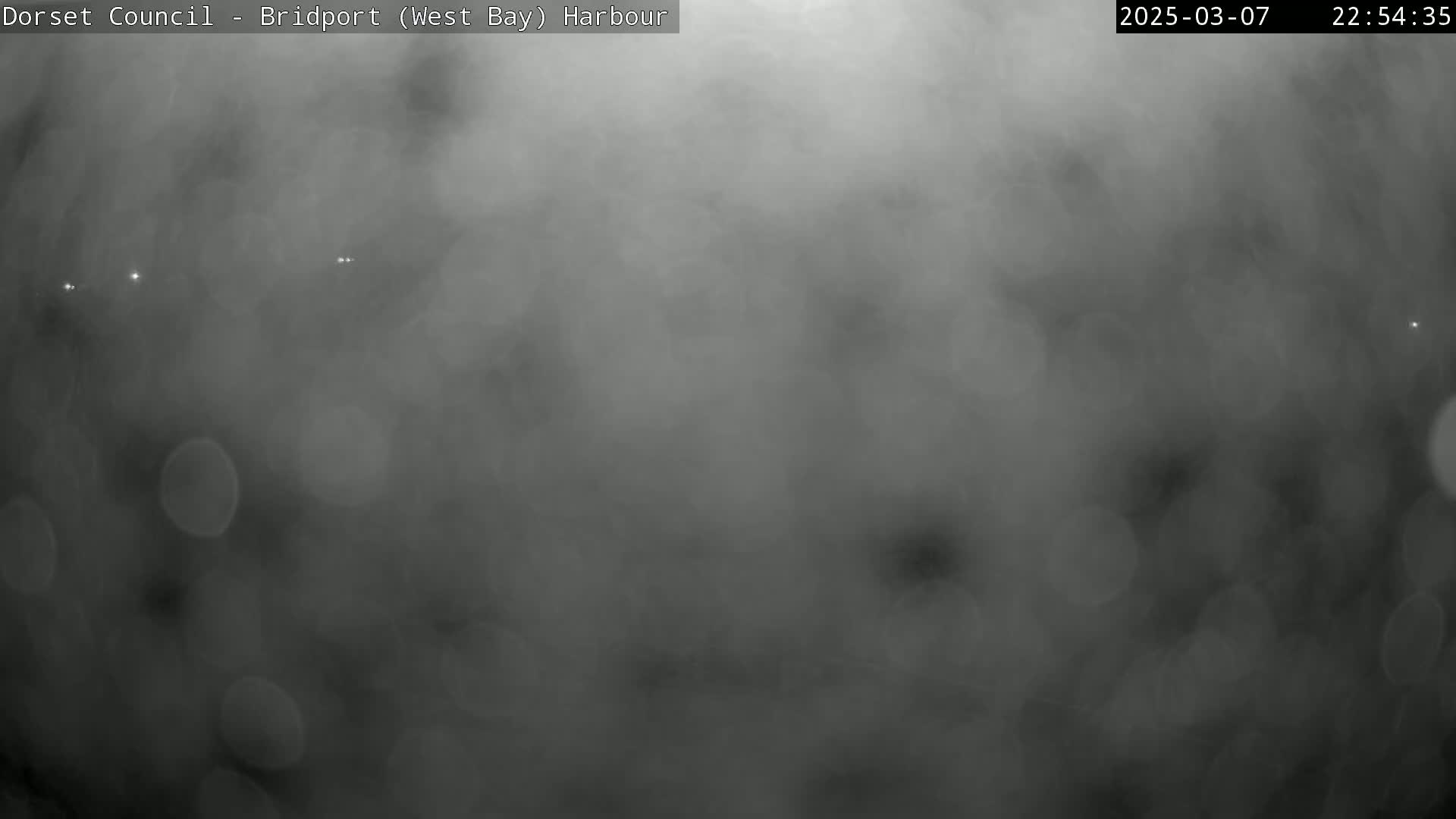 A blurry, gray image shows a foggy or misty night scene with a few faint lights visible in the distance.