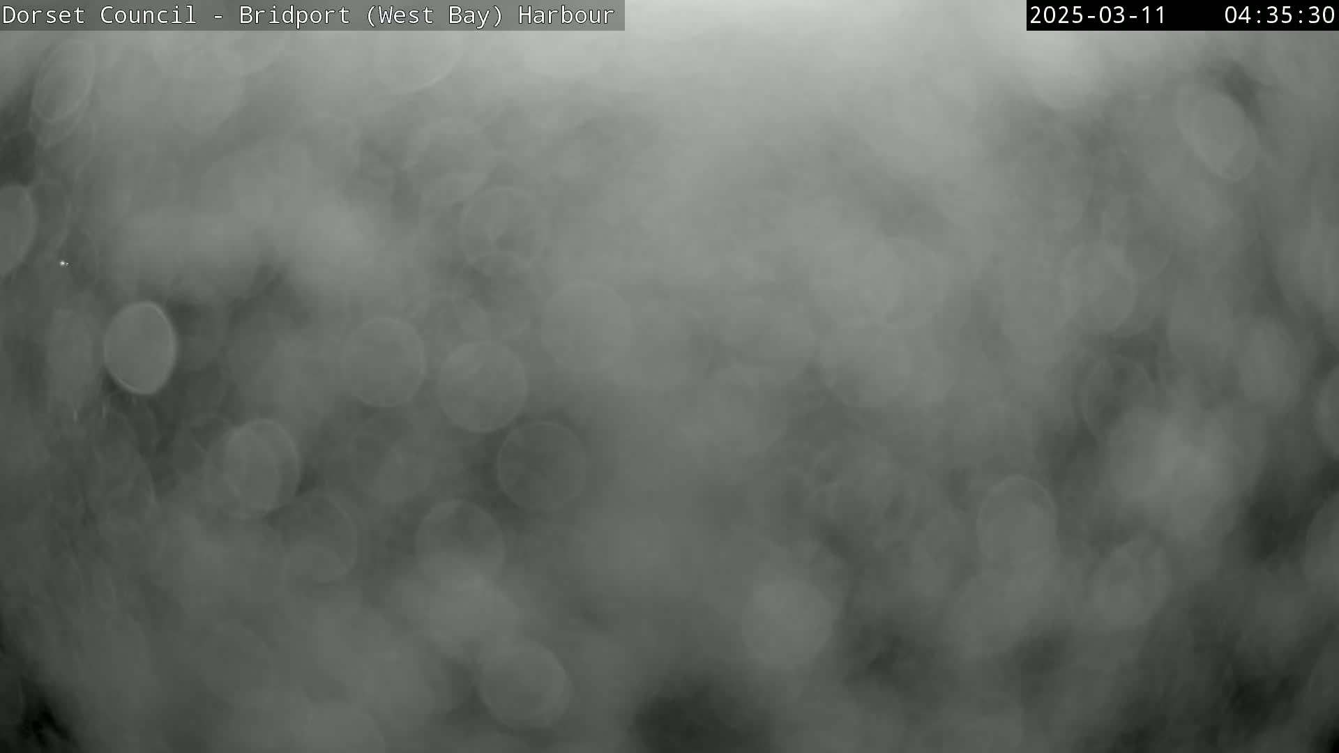 A blurry, grayscale image shows an overcast day with numerous out-of-focus water droplets.