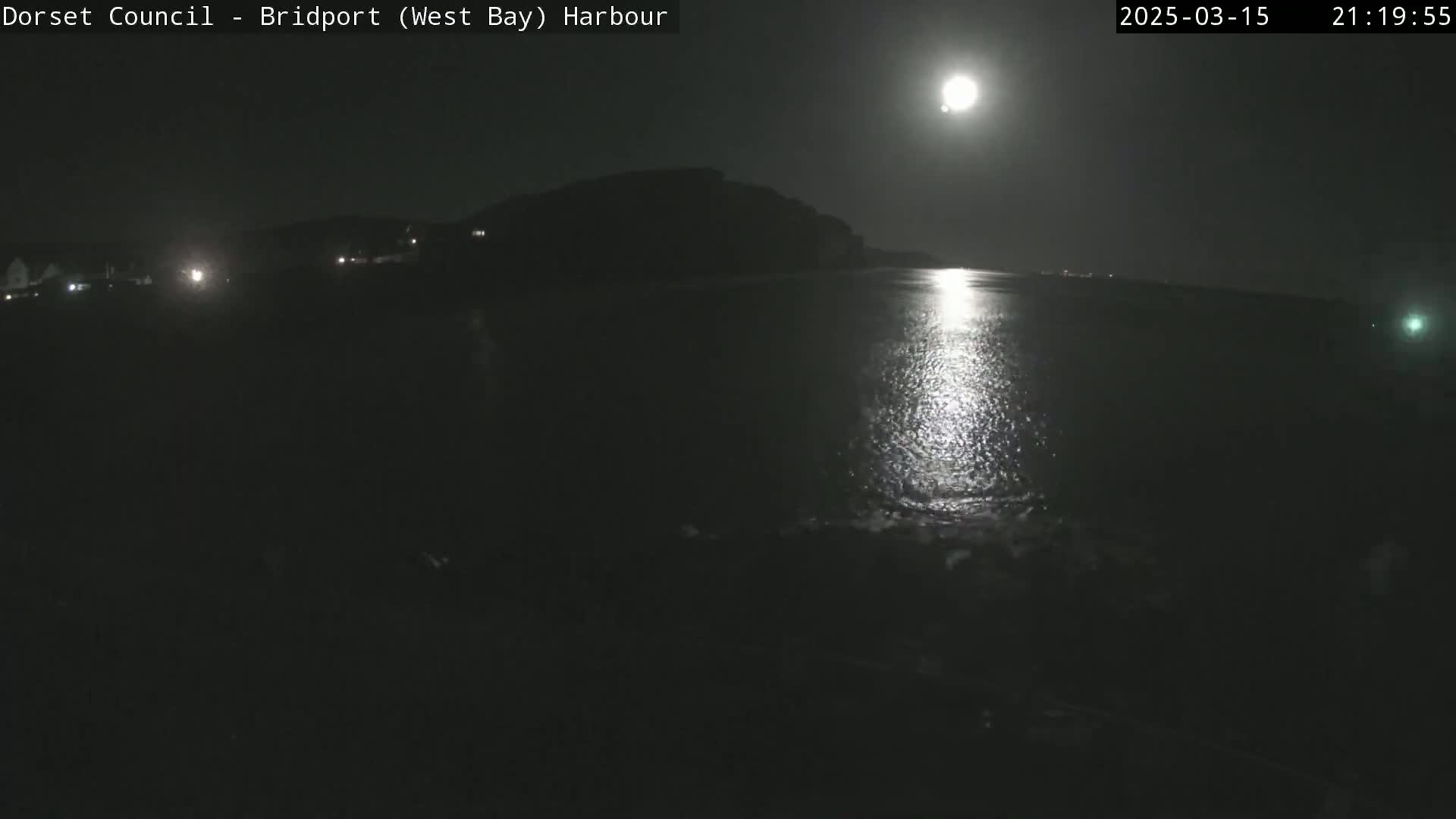 A bright moon shines over a dark, calm body of water at night, illuminating a silhouetted shoreline and hills in the distance.