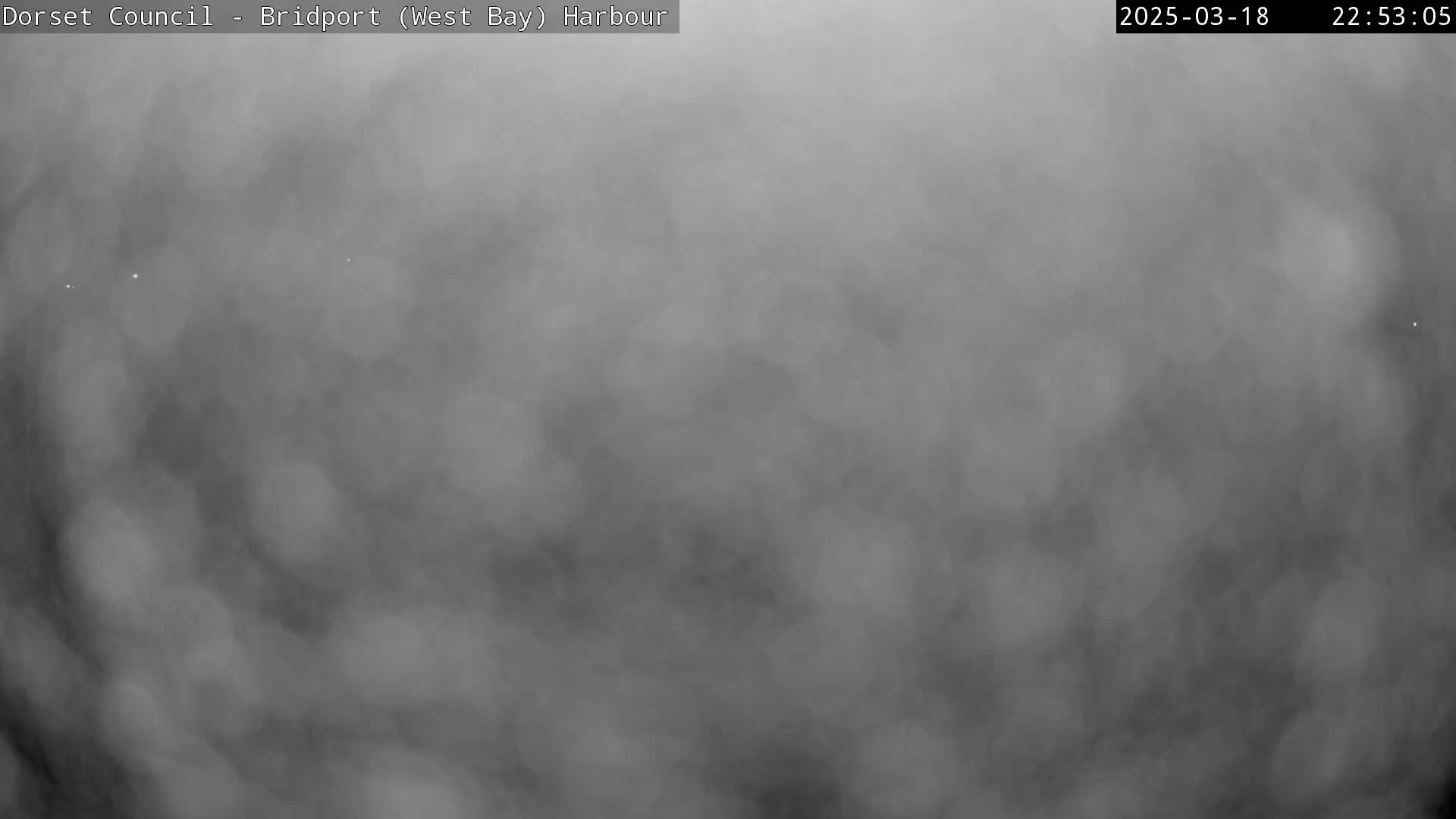 A blurry, grayscale image shows a heavily overcast sky at night.