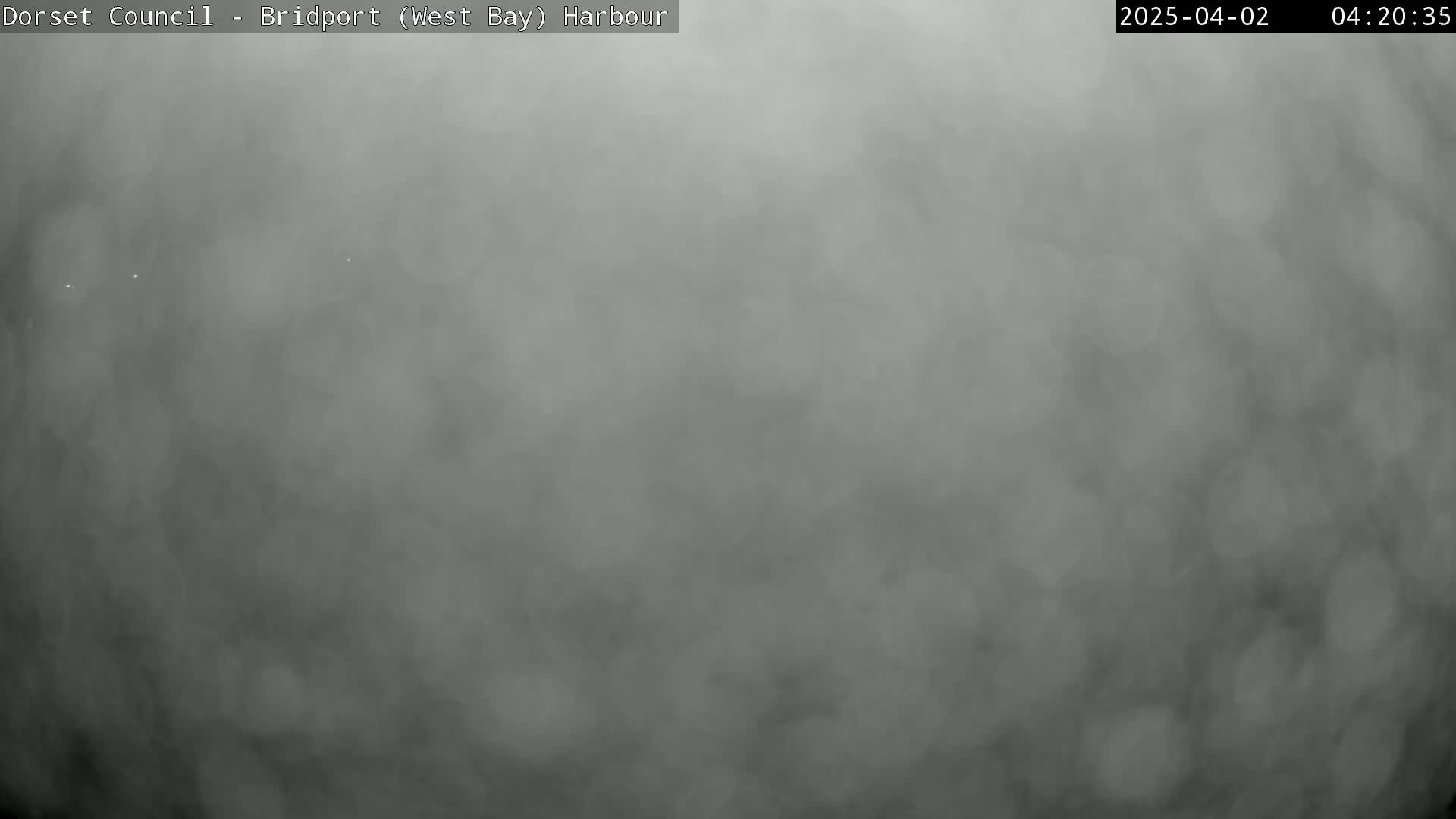 A hazy, gray scene obscures any clear view of the harbor in foggy conditions.