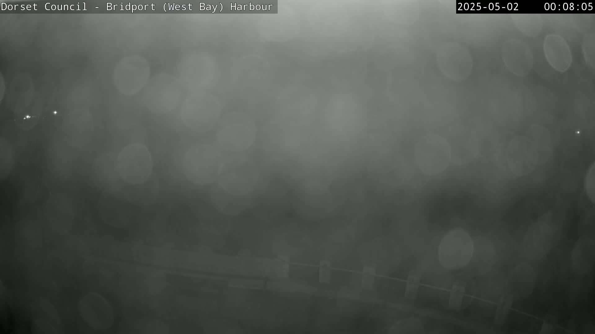 A blurry, dark gray image shows a harbor in foggy or misty conditions at night.