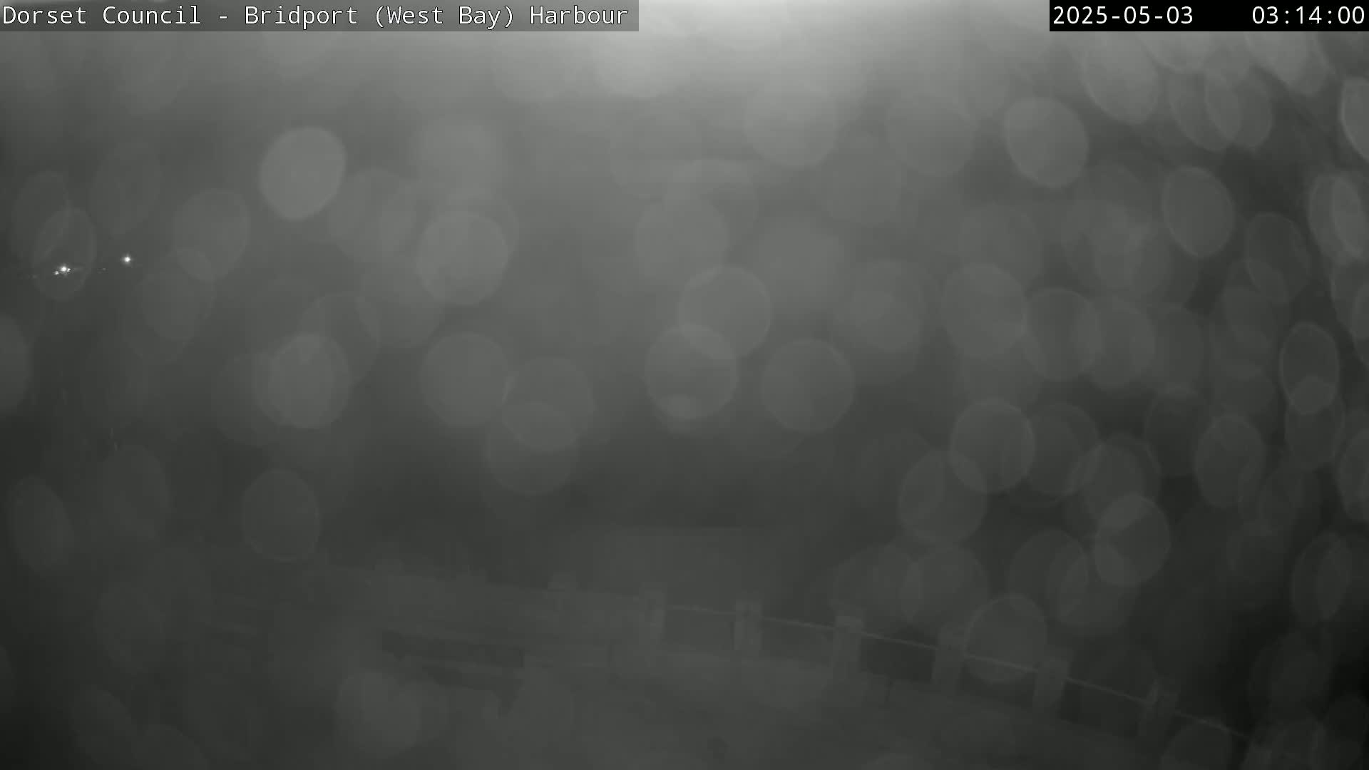 A blurry, dark image shows rain-covered surfaces with indistinct shapes and out-of-focus lights.