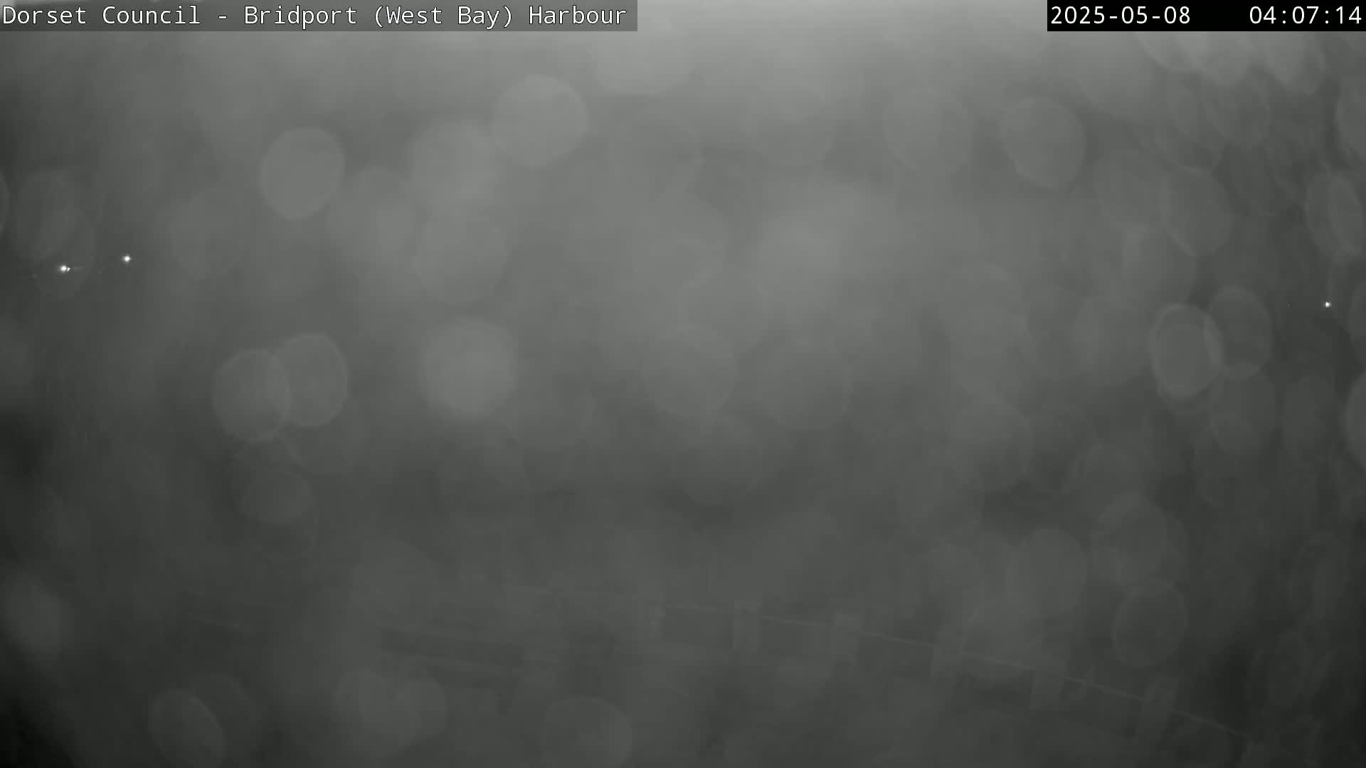 A blurry, grayscale image shows a hazy or foggy outdoor scene with indistinct shapes and light sources.