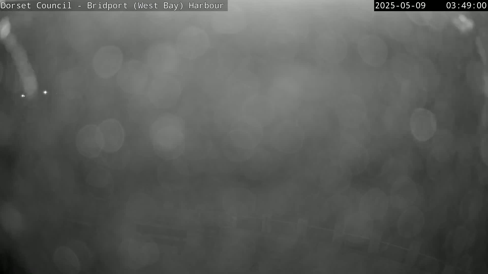 A blurry, dark gray image shows an outdoor scene obscured by heavy rain or fog.