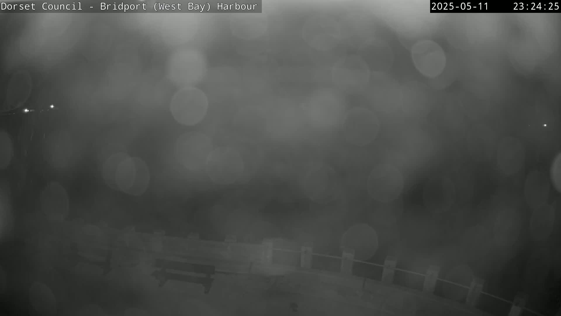 A blurry, nighttime image shows a dark harbor area in rainy conditions with indistinct shapes and a low-lying railing.