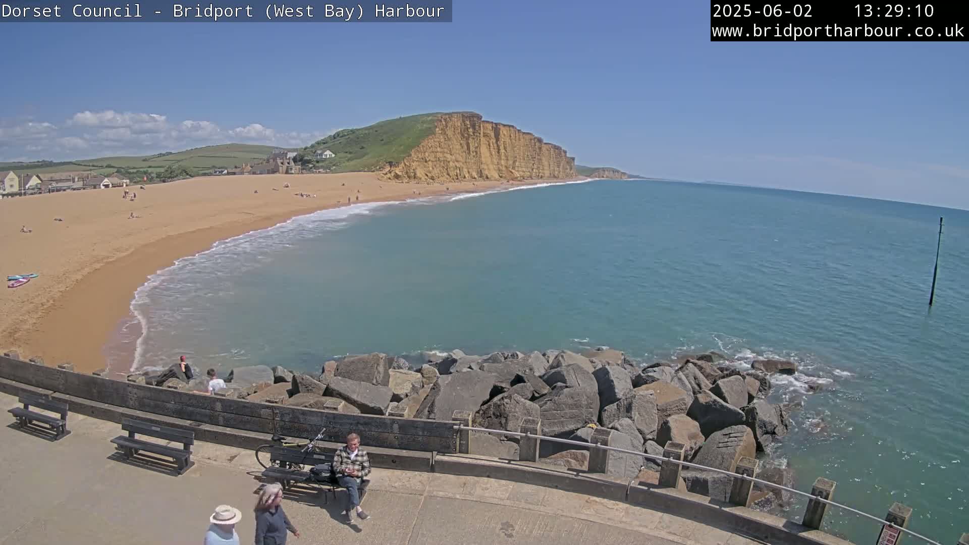 A sunny day at a beach with a sandy shore, calm ocean, and high cliffs in the background, viewed from a rocky harbor area with people walking nearby.