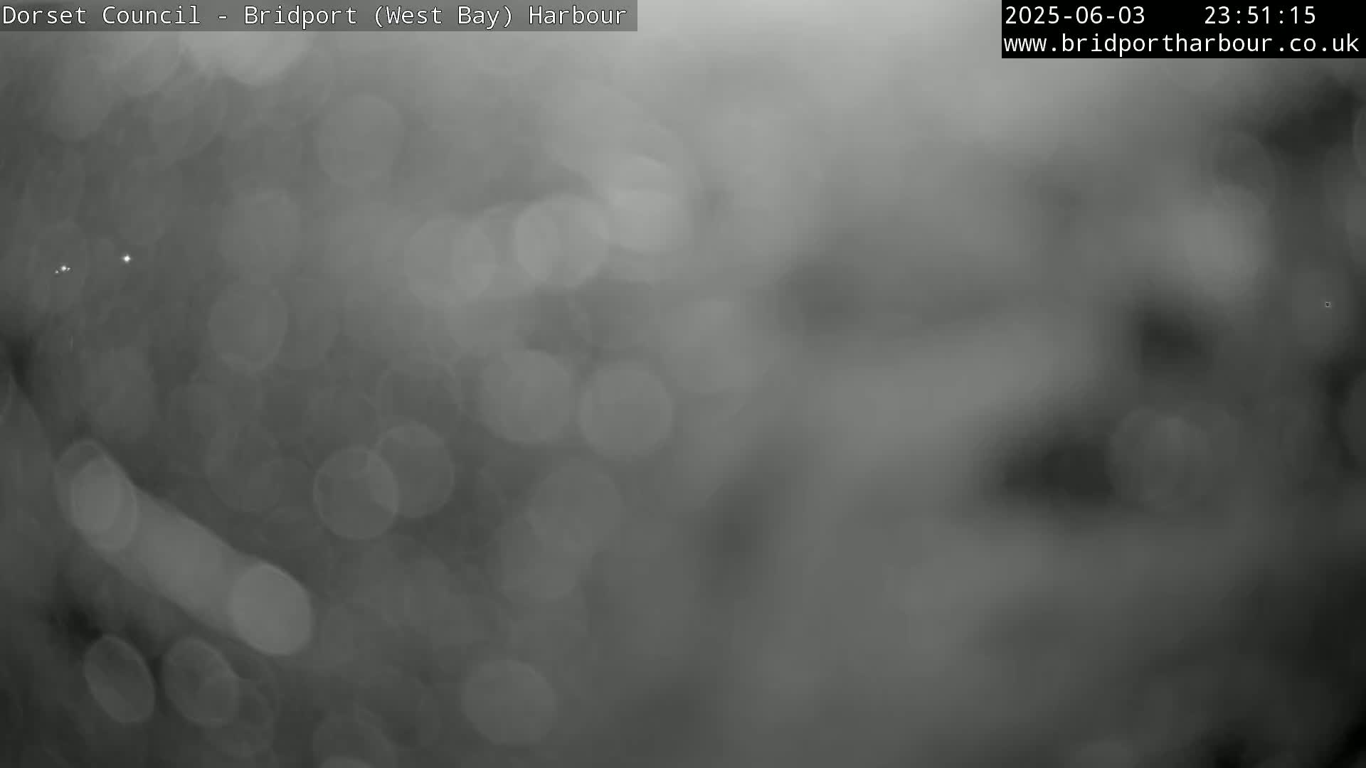 A blurry, out-of-focus grayscale image shows a nighttime scene with heavy fog or mist.