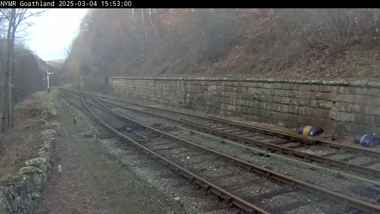 Train tracks curve through a wooded area on an overcast day, alongside a stone retaining wall.