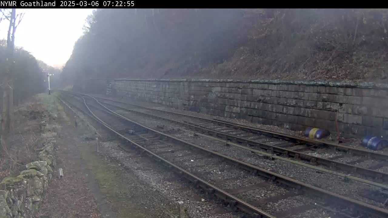 A misty view of a railway line running alongside a stone wall, bordered by trees and overgrown vegetation.