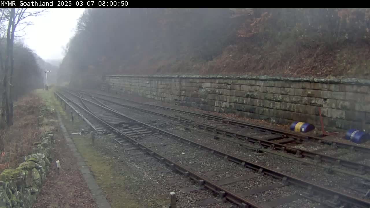 A foggy view of train tracks alongside a stone wall and wooded area.