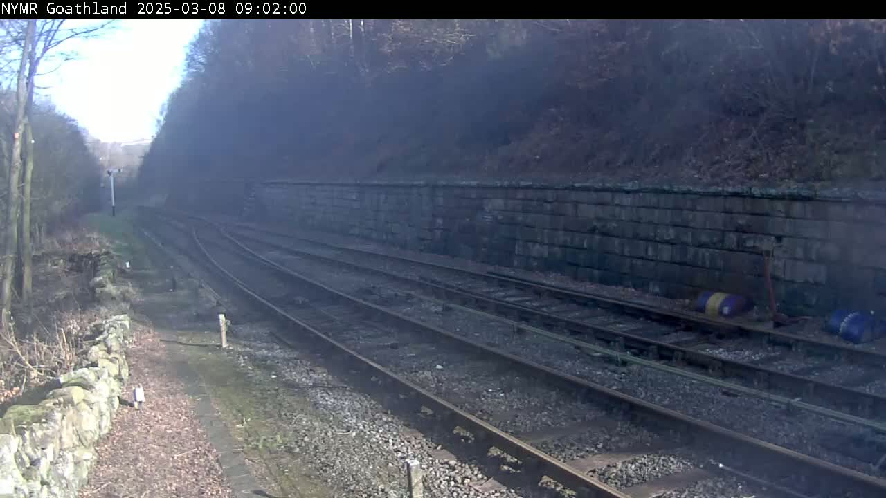 A view of a railway line cutting through a hazy, wooded area on a partly sunny day, with a stone retaining wall alongside the tracks.