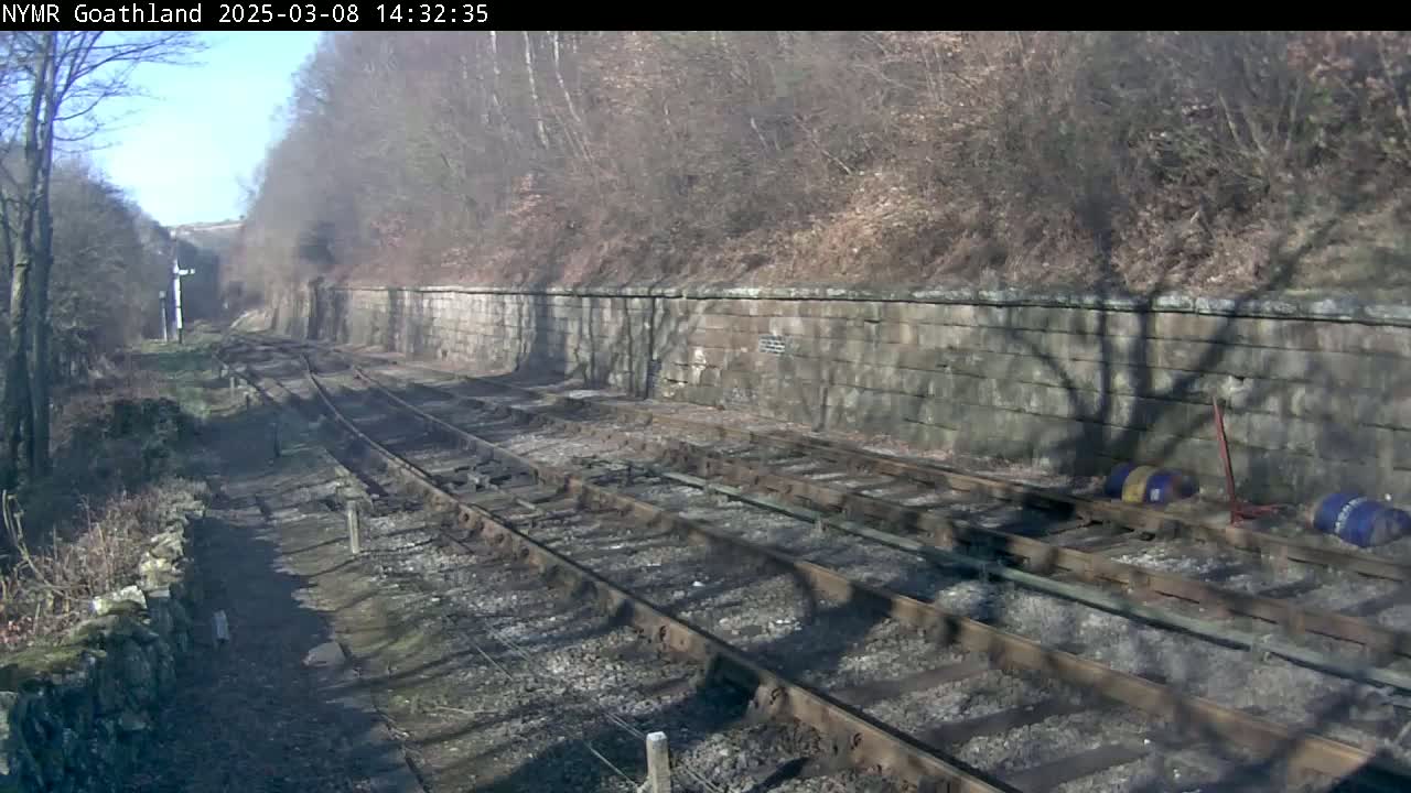 A sunny day reveals multiple train tracks curving alongside a stone wall, bordered by leafless trees and brush.