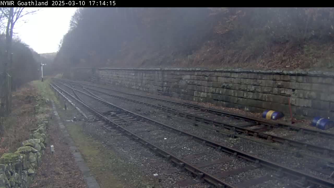 A foggy view of train tracks next to a stone wall, with sparse vegetation along the sides.