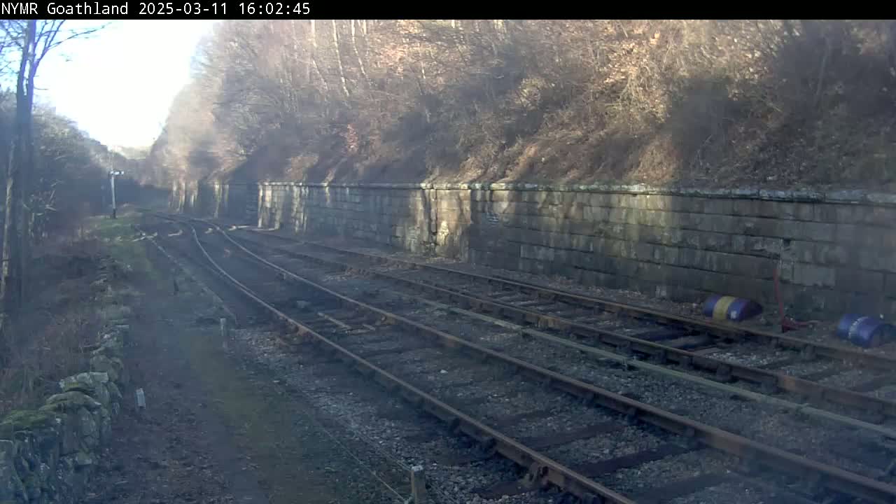 A view of train tracks curving through a wooded area on a sunny day, alongside a stone retaining wall.