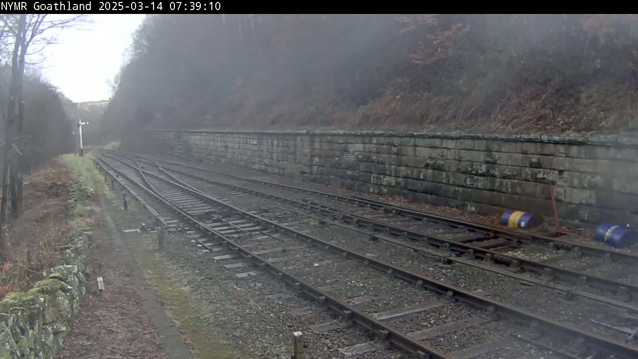 A foggy view of a railway track branching off to the left, bordered by a stone wall and overgrown vegetation.