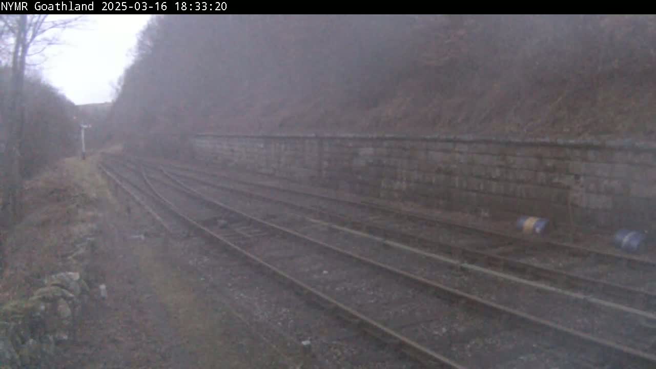 A foggy view of three sets of train tracks alongside a stone wall, with trees and brush in the background.
