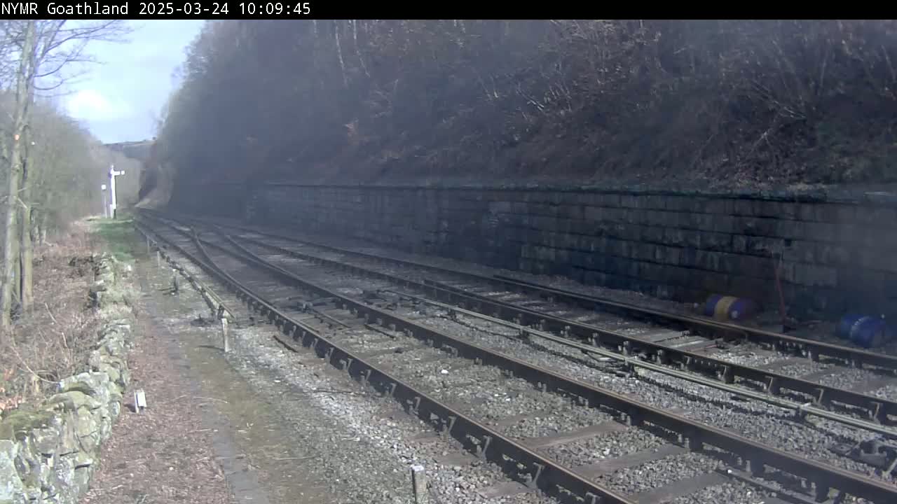 Multiple train tracks curve alongside a stone wall, bordered by leafless trees and shrubs under a hazy, sunny sky.