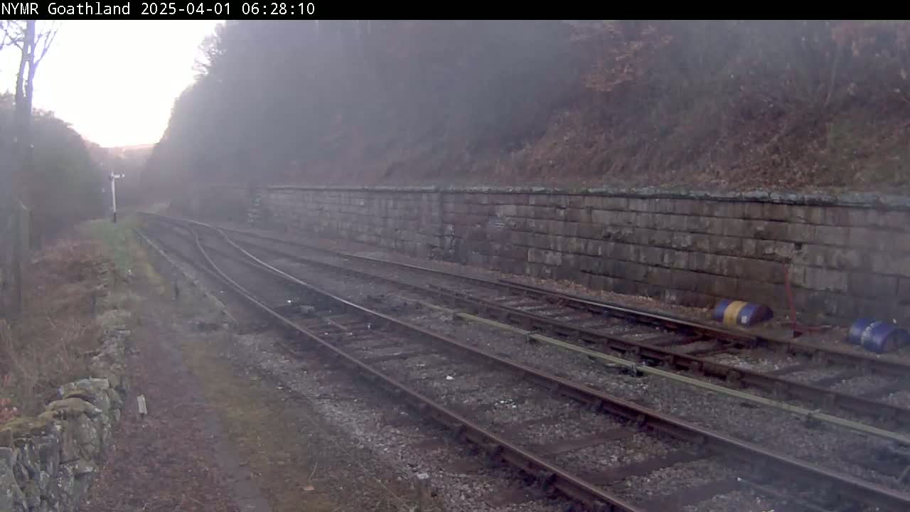 A foggy view of a railway track with a stone wall and overgrown vegetation beside it.
