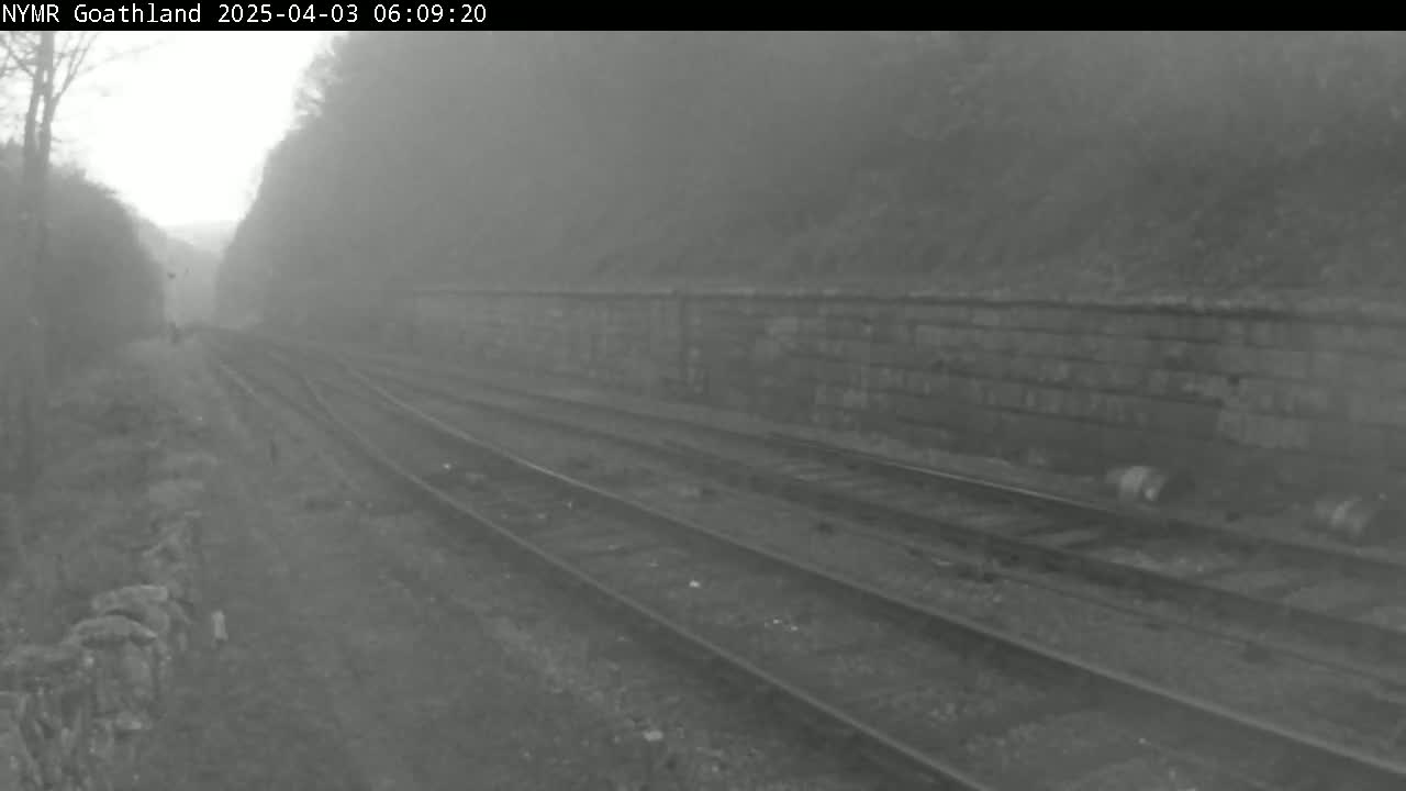 A foggy view of railroad tracks winding through a stone-walled embankment in a wooded area.